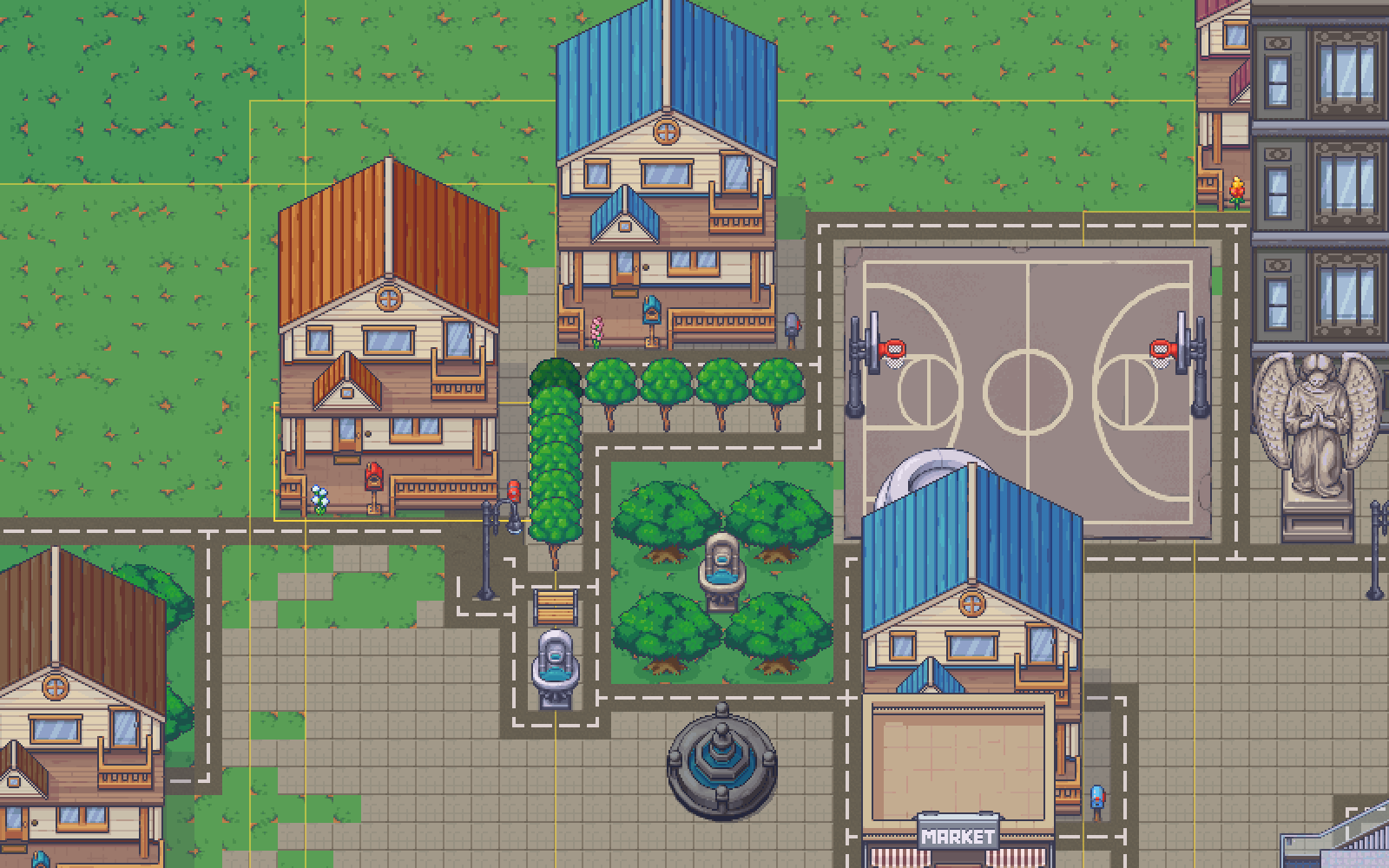 A pixel neighbourhood with thin amber rectangles drawn over it marking the ground reached by nearby parks