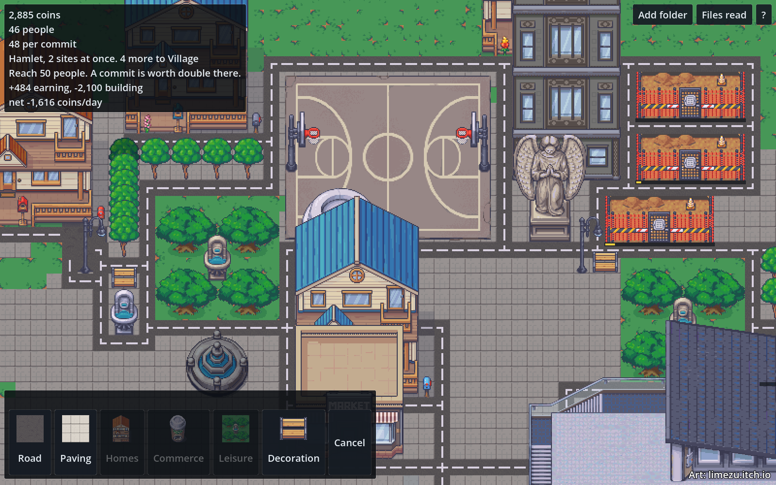 The game window: a pixel city with a readout showing coins, population, coins per commit and the next milestone, and a build menu along the bottom