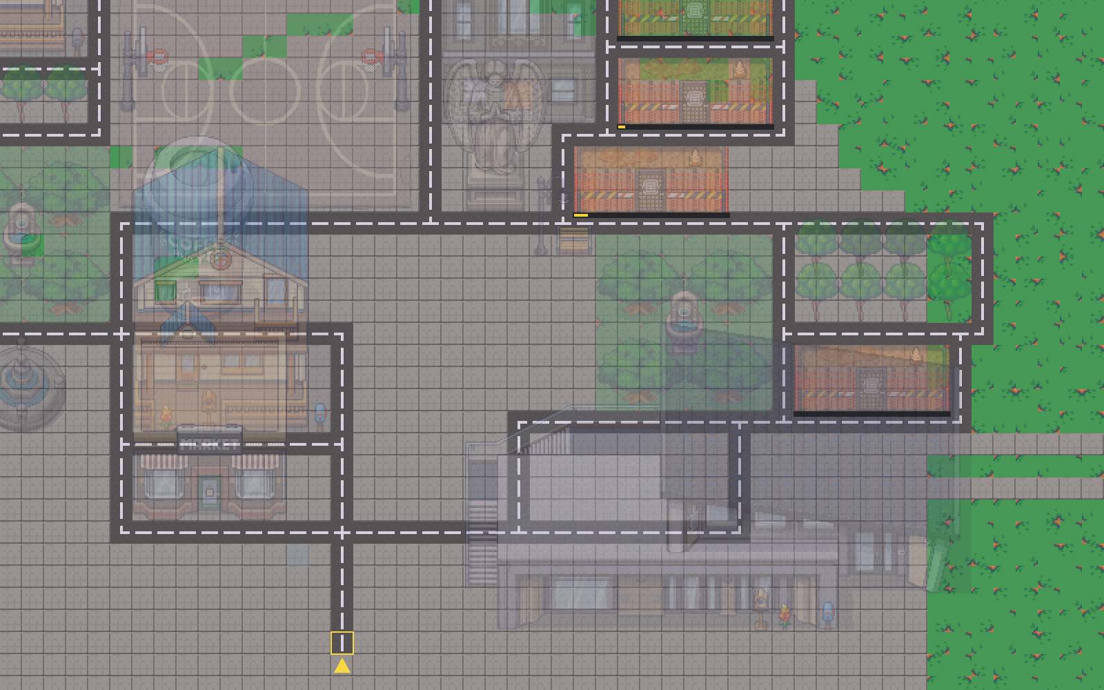 The same city with every building facade turned translucent, revealing the roads and paving running underneath them